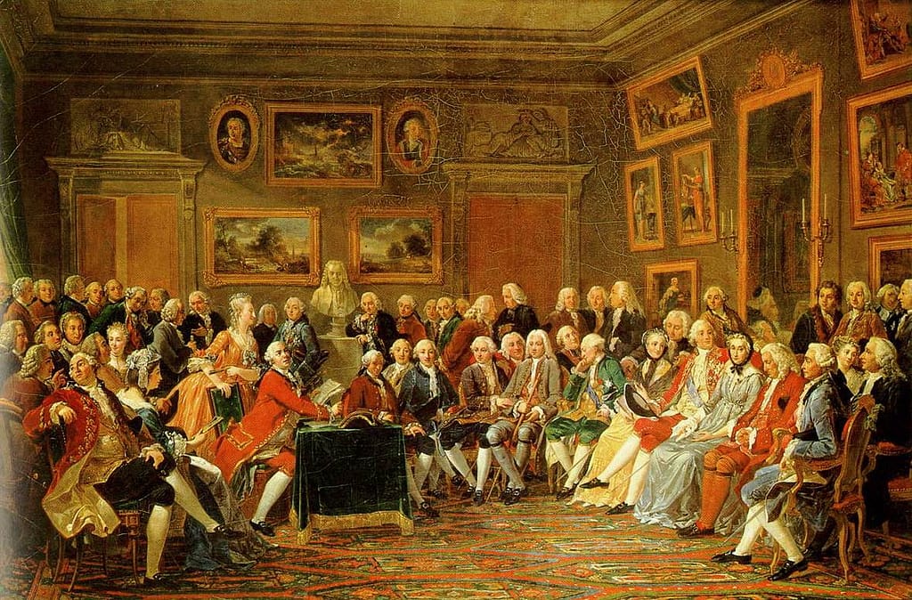 A painting of a reading of Voltaire's tragedy, "Orphan of China" in the salon of Marie Thérèse Rodet Geoffrin in 1755, by Lemonnier, c. 1812