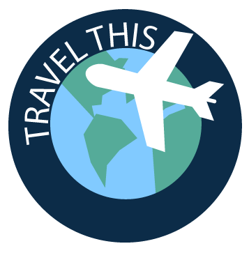 Travel This brand logo with an air plane traveling the globe